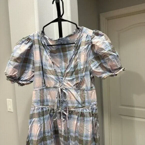 Hill House Sabrina Nap Dress in Spring Plaid Blue Pink Cottagecore Farmhouse M • - Picture 3 of 12